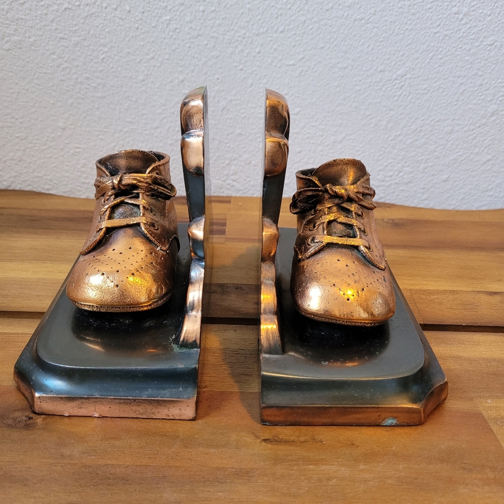 Vintage Bronze Copper Baby Shoe Art Deco Bookends Pair